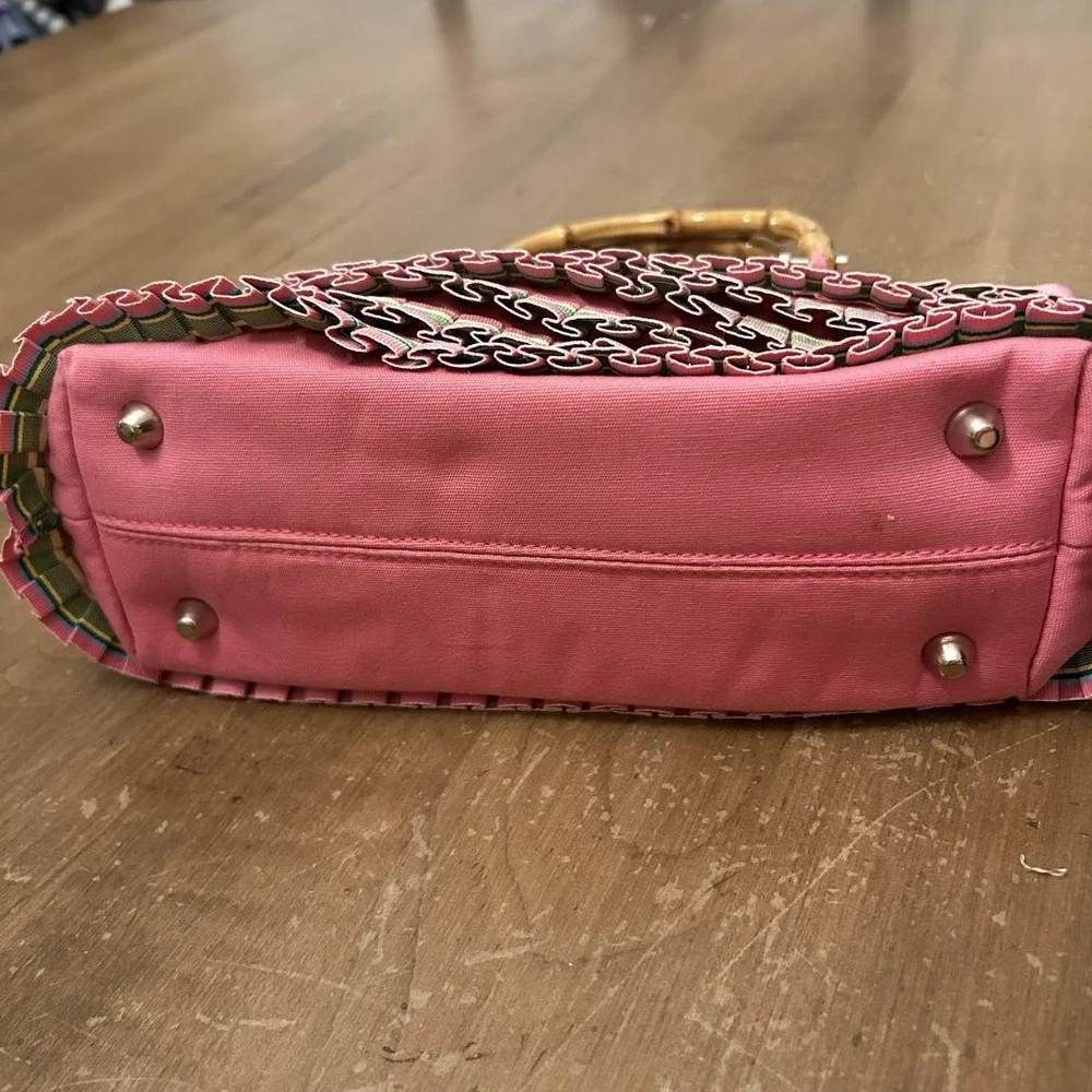 Braciano Top Handle Bag Womens Small Pink Striped Pleated Bamboo Bow Purse